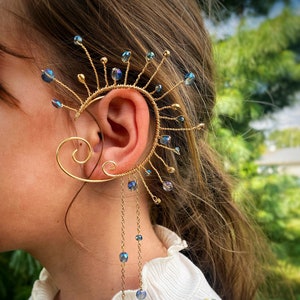 Blue and Golden Cyberpunk Sci-fi Fantasy Moon Ear Cuffs for Halloween Cosplay Costume Accessory