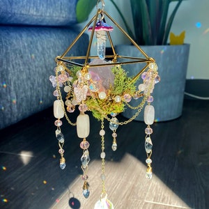 Rose Quartz Whimsical Forest Fairy Moss and Mushroom Suncatcher