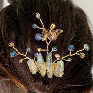 Iridescent Blue Quartz Crystal Ethereal Butterfly Hair Comb Accessory Size Small