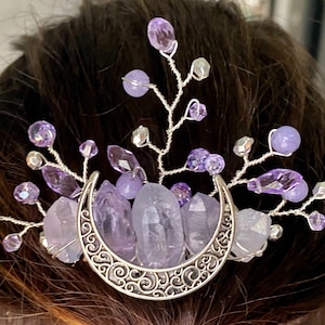 Silver Purple Quartz Crescent Moon Beaded Hair Comb Size Medium