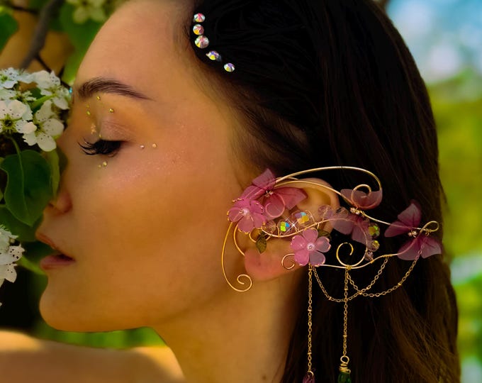 Pink Butterfly Wing Ear Cuffs: Gold Chain Fairy Jewelry