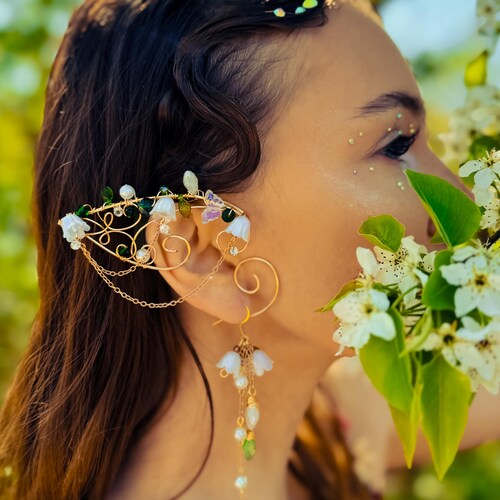 Gold Lily of the Valley Ear Cuffs: Sparkly Fairy Elven Wire Jewelry