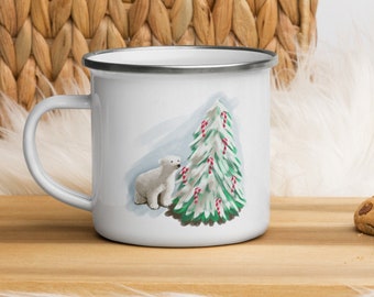 Polar Bear and Christmas Tree Enamel Mug / 12oz / gift