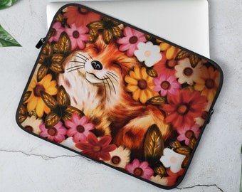 Manchon pour ordinateur portable Fox et fleurs 13 ou 15 pouces / Housse tablette