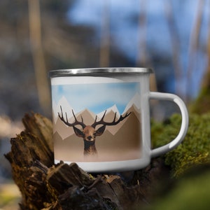 Deer and Foggy Mountains Enamel Mug / 12oz / gift