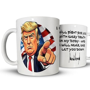 Cartoonmok Donald Trump I Will Never Quit, Never Break, Never Yield - Trump-koffiemok, Trump-cadeau, Trump Vance 2024, MAGA