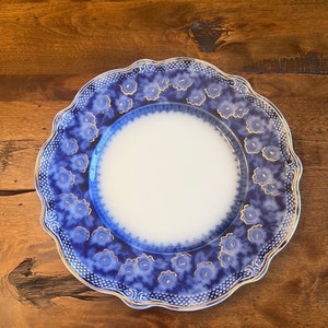Antique 1897 Grace Gold Blue Flow Dinner Plate by WH Grindley - Scalloped floral rim - gold accents - 10 inches in diameter