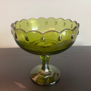 Vintage Mid Century Indiana Glass Olive Green Teardrop Pedestal Compote Dish Fruit Bowl - MCM - Large!