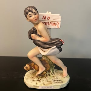 Norman Rockwell figurine &quot;No Swimming&quot; Saturday Evening Post June 4, 1921, by Dave Grossman Designs 1973 with original stickers boy and dog