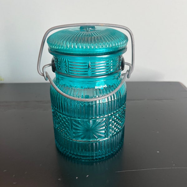 Vintage Avon Aqua Turquoise Blue Glass Jar with Lid & Metal Wire Lid Lock Farmhouse Country