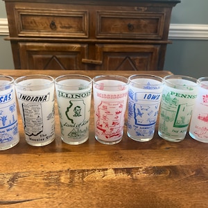 Vintage 1950s 1960s MCM Hazel Atlas state souvenir tumblers / glasses - Pennsylvania, Indiana, Illinois, Louisiana, Mississippi, Kansas, and