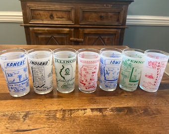 Vintage 1950s 1960s MCM Hazel Atlas state souvenir tumblers / glasses - Pennsylvania, Indiana, Illinois, Louisiana, Mississippi, Kansas, and