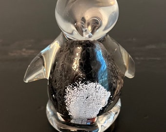 Vintage Blown glass Penguin Figurine - handmade art glass penguin - paperweight - clear, black, white - 2 1/4 inches Tall- lovely gift!