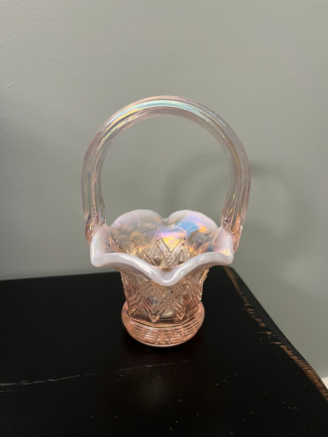 Vintage Fenton Art Glass Basket - Pink Champagne Opalescent - Small ...