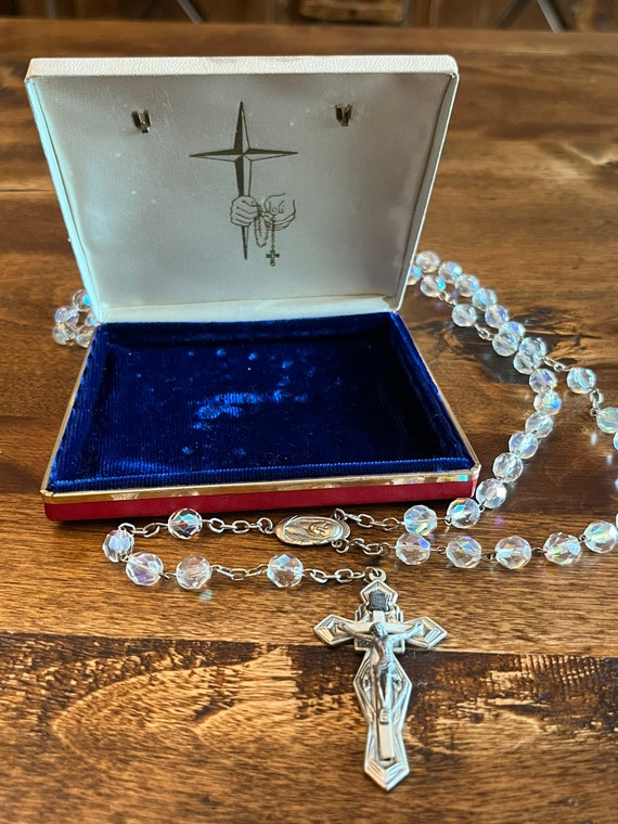Gorgeous vintage Catholic Rosary - clear beads, c… - image 8