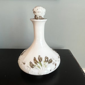 Antique EAPG Victorian Dithridge Milk Glass Vanity Bottle, Barber Bottle Hand Painted, Milk Glass Vanity Bottle Bottle with stopper decanter