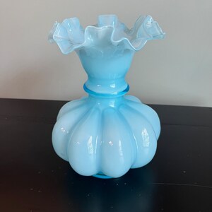 Fenton Blue Ruffled Overlay Melon Vase - Light Blue - Collectible