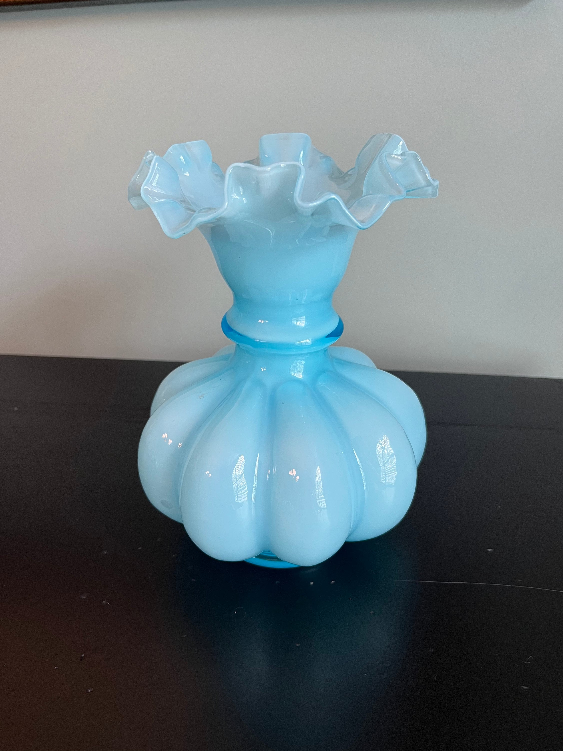 Fenton Blue Ruffled Overlay Melon Vase - Light Blue