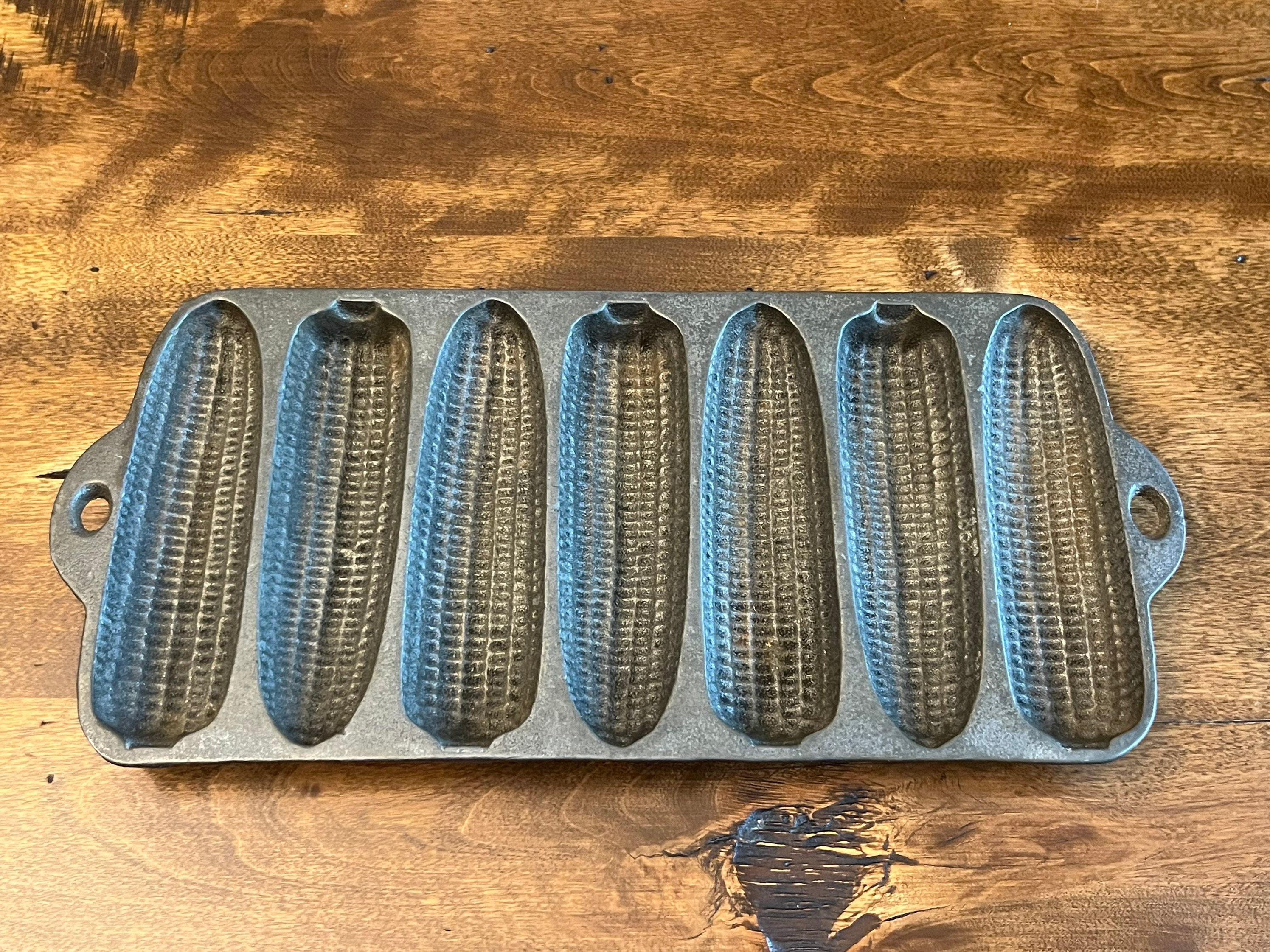 Vintage Silver Cast Iron Corn Molds Cornbread Pan. Two Holes for Hanging.  Great for Vintage or Antique Kitchen Display. 