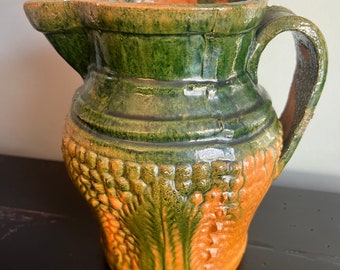 Antique Vintage Made in Mexico Corn Leaf Pitcher Mexican Clay Pottery Jug Jar