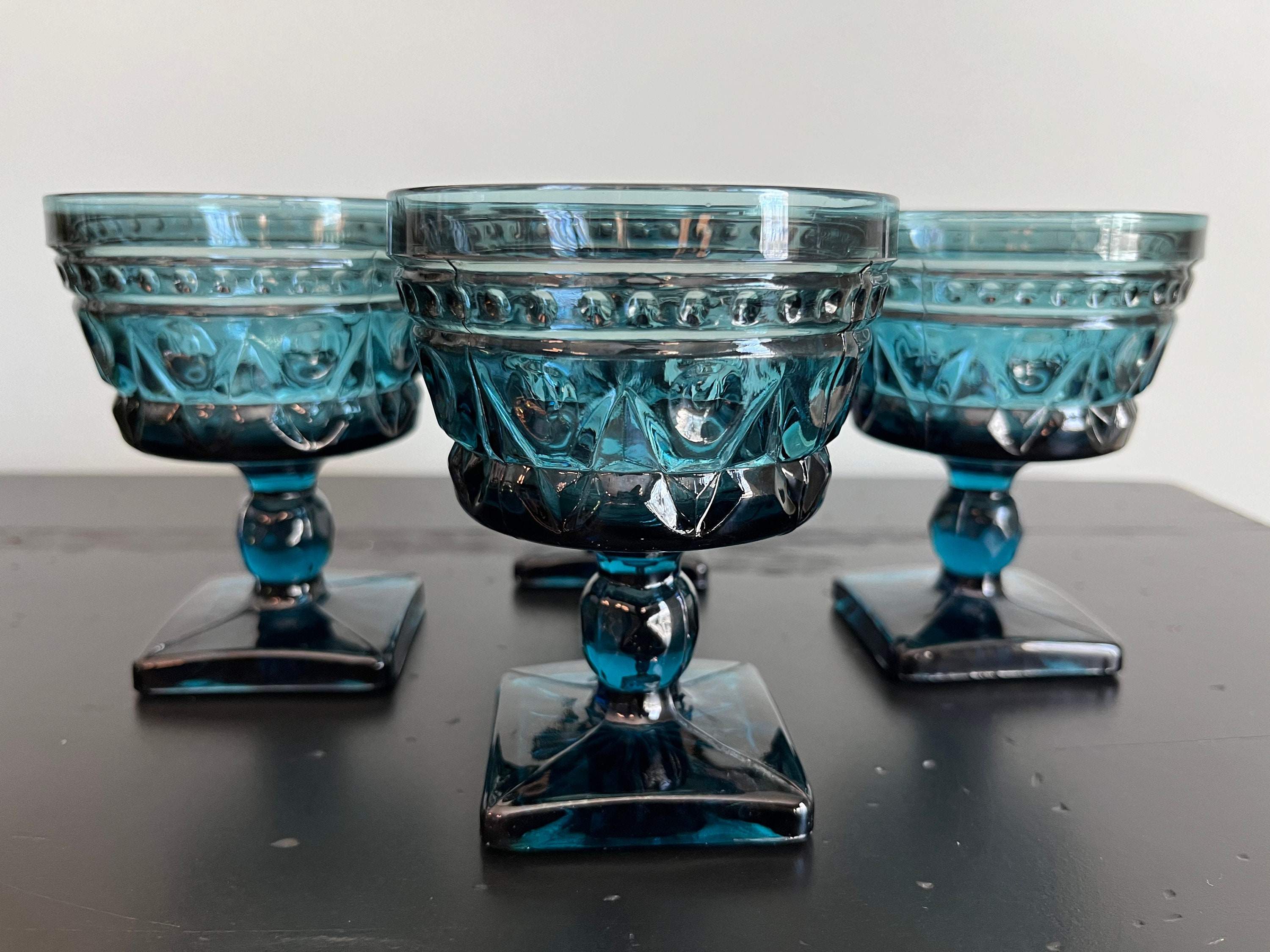 Blue Footed Tumblers Indiana Glass Colony Cubist Set of 4  Vintage Set 3 Indiana Glass Company Riviera Blue 3.5\