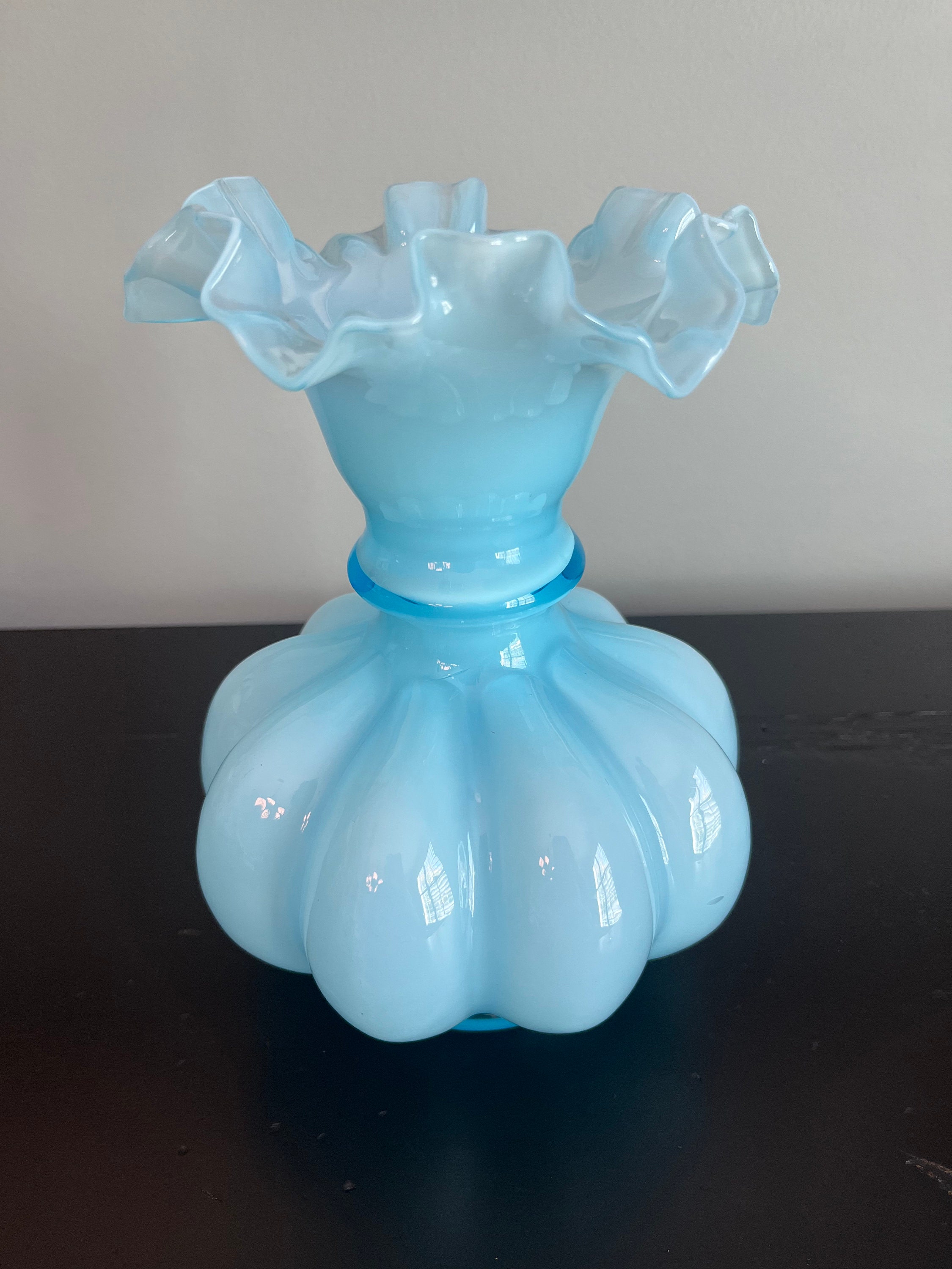 Fenton Blue Ruffled Overlay Melon Vase - Light Blue