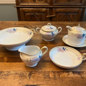 Gorgeous Antique Hand painted Nippon Morimura Brothers Fine China - Blue Bird Raised Gold Accents Sugar, Creamer, Bowls, teacup serving set