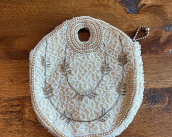 Vintage Art Deco Hand Clutch / Purse White, silver, cream, beige beading small finger hole at top flapper / beaded / bridal / something old