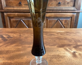 Vintage Olive Green Etched glass bud vase - mid century - Nice!