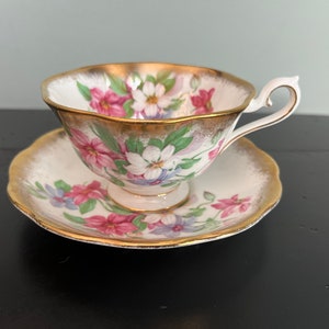 Vintage Royal Albert Bone China Teacup and Saucer set - England - pink, blue, green Clematis floral design - Lovely!