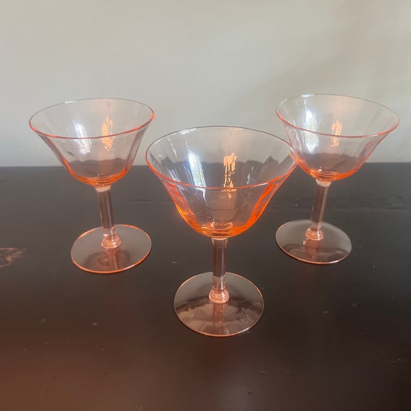 Set of 3 Vintage pink depression glasses  pretty panel - champagne / sherbet / wine - Nice!