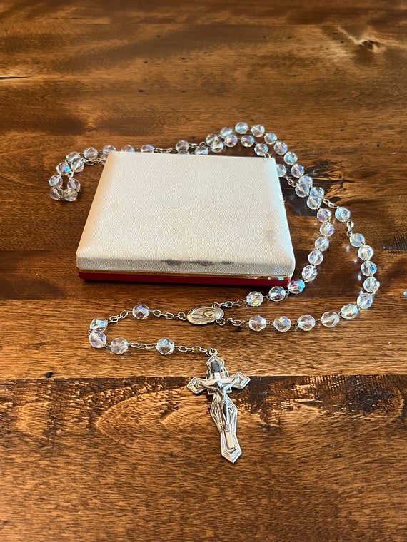 Gorgeous vintage Catholic Rosary - clear beads, c… - image 9
