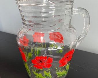 Vintage Anchor Hocking Glass Pitcher - Red Poppy Flower Design - red green floral - summer serving / decor - poppies