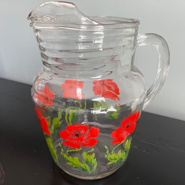 Vintage Anchor Hocking Glass Pitcher - Red Poppy Flower Design - red green floral - summer serving / decor - poppies