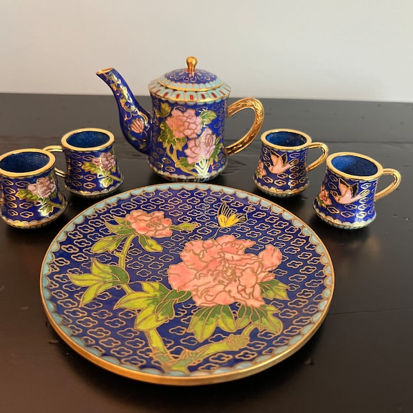 Vintage Chinese Cloisonne Enamel Teapot Tea Cup Brass Miniature Tea Set - 7 pieces - pink peonies, birds, butterfly  Mini Display Gorgeous!