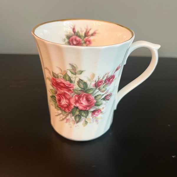 Crown Victoria Staffordshire, England - Fine Bone China - pink roses coffee mug / tea cup - gold rim