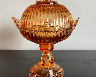 Vintage Westmoreland Doric Golden Sunset / Carmel colored Glass Lidded Compote / Candy Dish - Gorgeous!