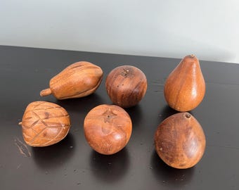 Beautiful Set of 6 Mid Century Modern Fruit Vintage Fruit - Hand Carved Fruit - Apple, Pear, artichoke, avacado