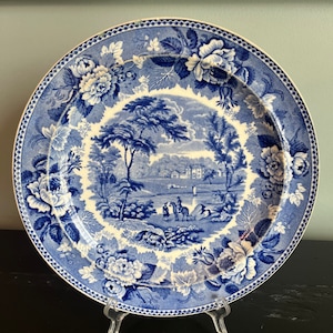 Antique Wedgwood &#39;Landscape&#39; Blue and White Transferware Plate, featuring man on a horse, floral 10 inches diameter