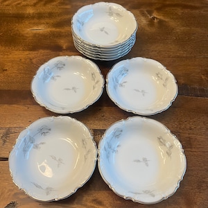 Set of 4 Hutschenreuther Gray Rose replacement dessert / fruit bowls - Sylvia Pattern - Platinum Trim Bavaria Germany - 5 1/4 in.