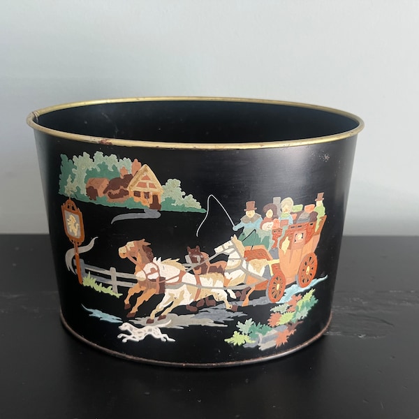 Vintage Black Toleware Hand Painted tabletop waste metal bin basket family in a horse drawn carriage, probably Pa Dutch area made