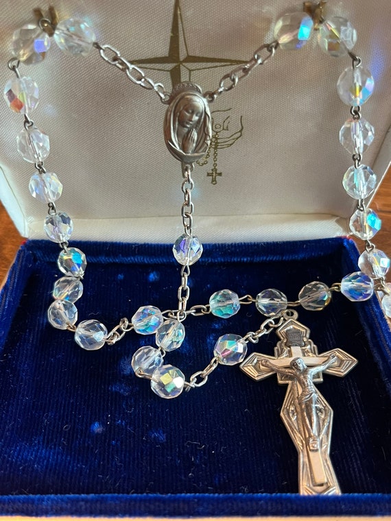 Gorgeous vintage Catholic Rosary - clear beads, c… - image 1