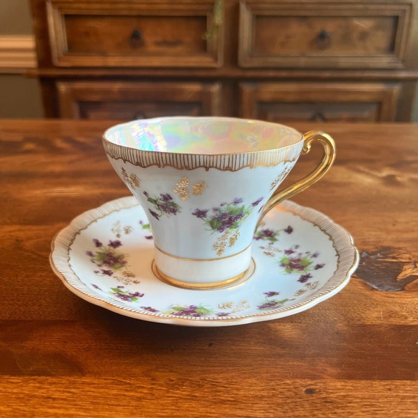 Gorgeous Violets - vintage hand painted Ucagco teacup and saucer - lovely violets with gold details - United China and Glass Company