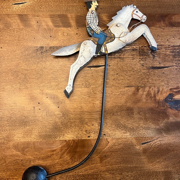 Vintage Automata Cowboy Painted Metal Pendulum Rocking Horse Rider Toy no stand