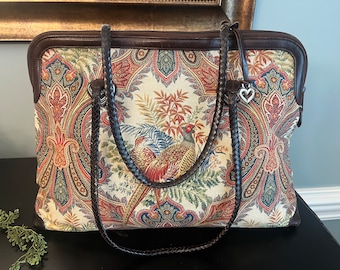 Rare Vintage Brighton Large Shoulder Bag / Satchel / Purse / Canvas Carpet Bag Pheasant Bird Print - Paisley design Braided Leather straps
