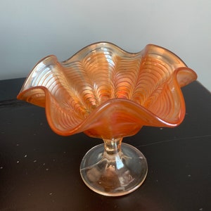 Fenton Marigold Carnival Glass Peacock Tail Compote / serving dish / decor - Stunning!