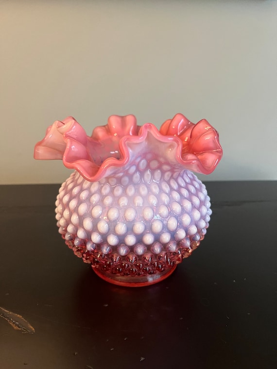 Vintage Fenton Cranberry Opalescent Hobnail Ruffled Edge Vase