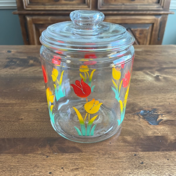 Vintage 1950s Tulip design lidded jar - clear with red, yellow, green flowers - Anchor Hocking - kitchen decor