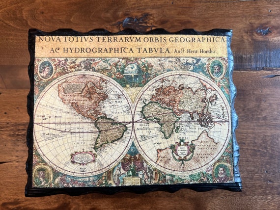 Vintage Antique Old World Map carved wooden jewel… - image 2