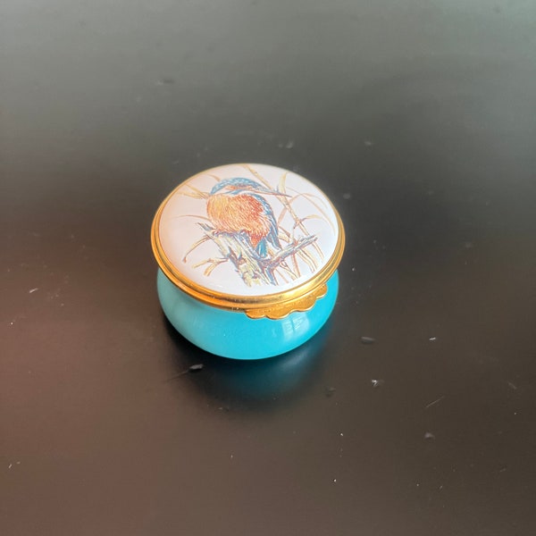 Vintage Kingsley Enamels Trinket Box light blue with Common Kingfisher Bird on the lid - pretty!